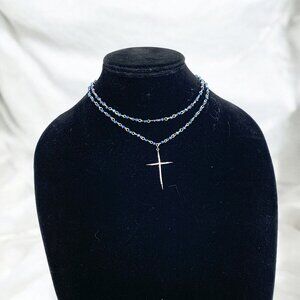 Silver Cross Pavè Crystal Pendant Necklace With Double-Strand Blue Beaded Chain